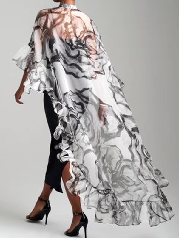 Vintage Floral Flower Print Pleated Sun Protection High-low Loose Blouses Shirts Cover-up Tops Mssza