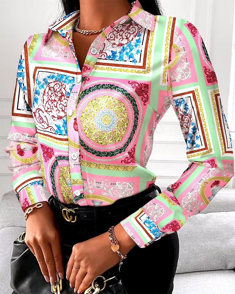 Vintage Floral Geometric Square Print Turn-Down Collar Shirts Mssza