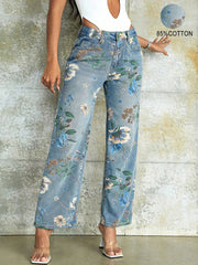 Vintage Floral Print High Waist Slant Pocket Wide Leg Jean Mssza