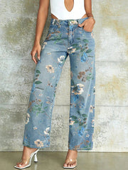 Vintage Floral Print High Waist Slant Pocket Wide Leg Jean Mssza