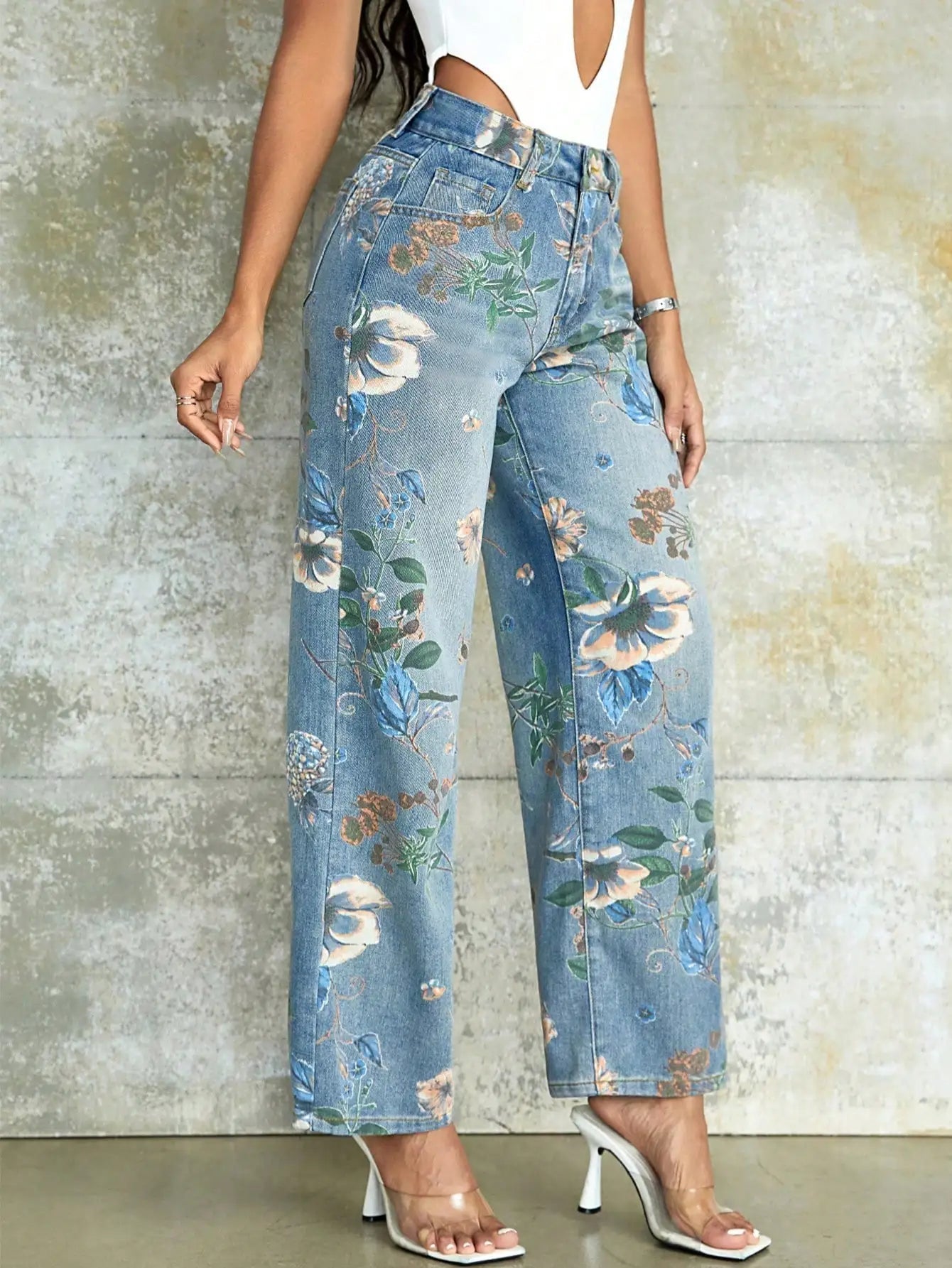 Vintage Floral Print High Waist Slant Pocket Wide Leg Jean Mssza