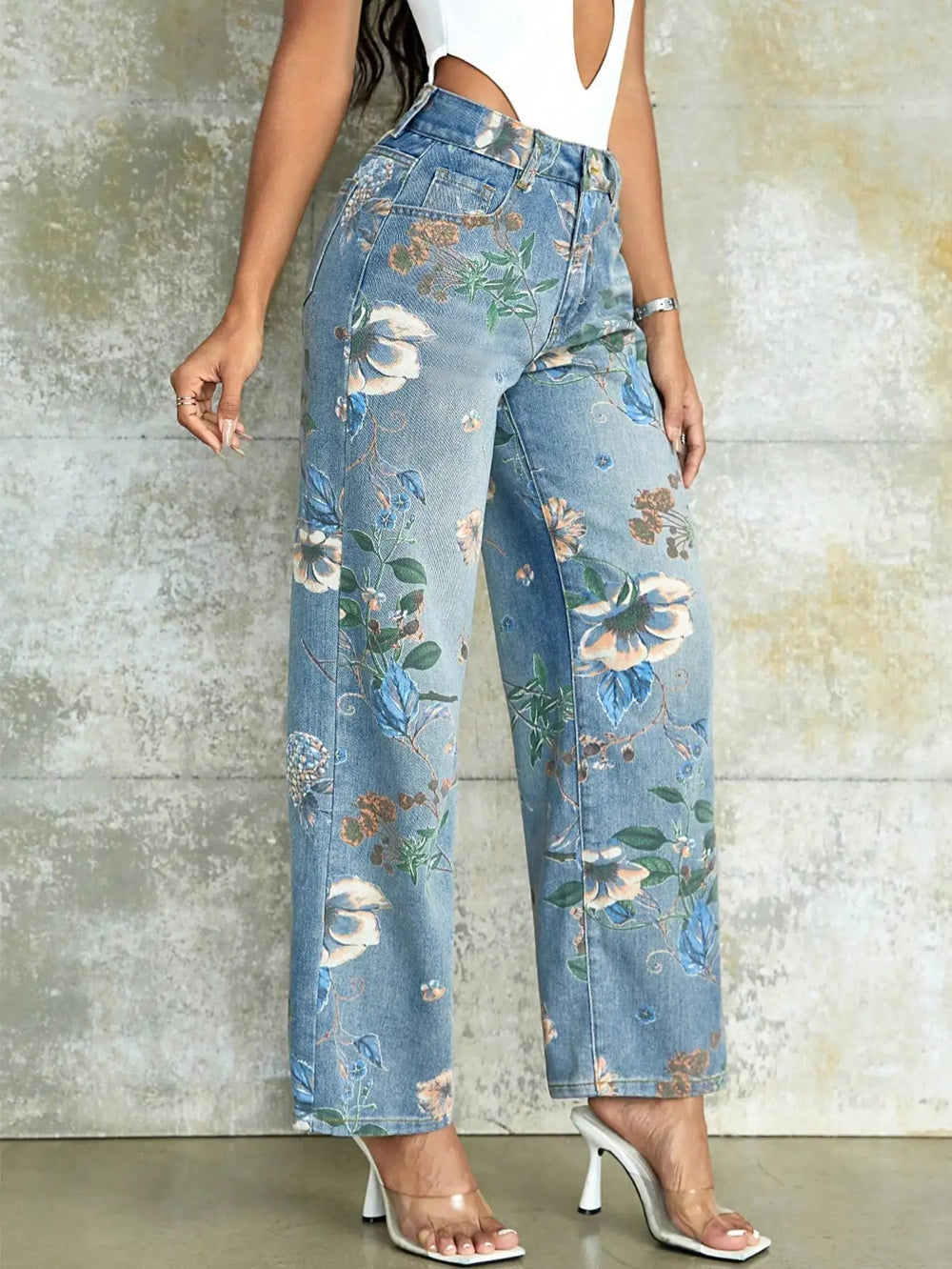 Vintage Floral Print High Waist Slant Pocket Wide Leg Jean Mssza