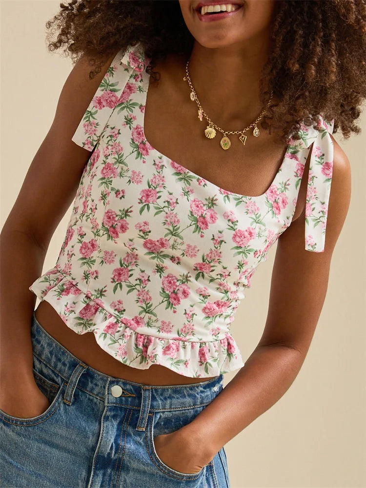Vintage Floral Print Sleeveless Tie-up Strap Square Neck Ruffles Slim Fit Camis Tops Mssza