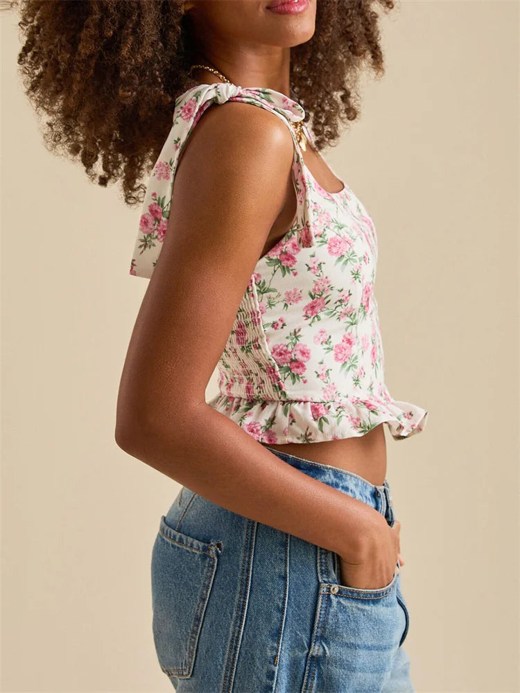 Vintage Floral Print Sleeveless Tie-up Strap Square Neck Ruffles Slim Fit Camis Tops Mssza