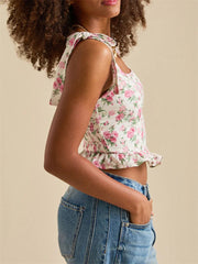 Vintage Floral Print Sleeveless Tie-up Strap Square Neck Ruffles Slim Fit Camis Tops Mssza