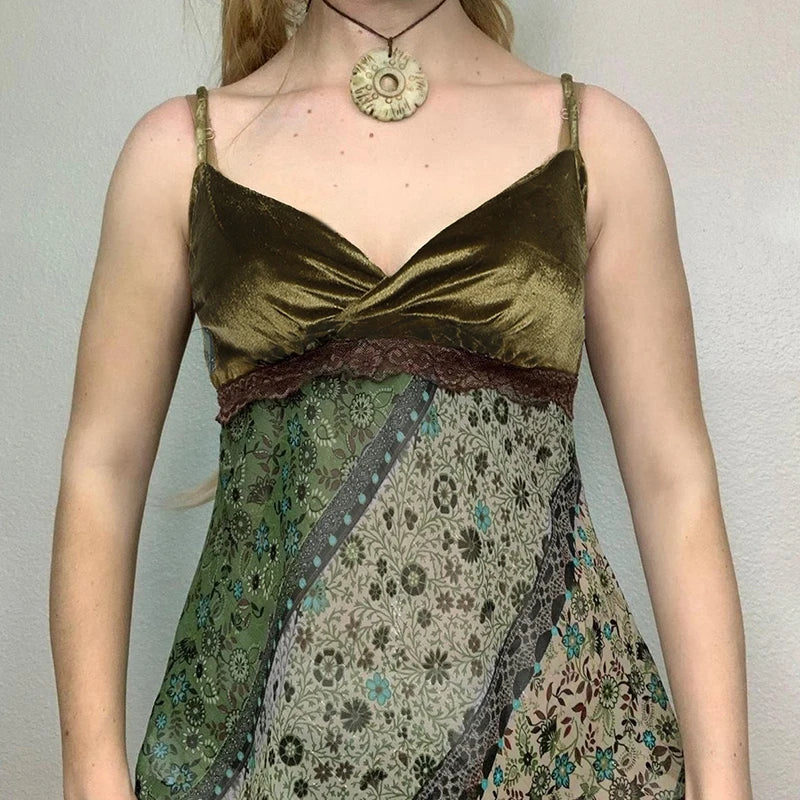 Vintage Floral Printed Lace Asymmetrical Camisole Spaghetti Strap Vest Velvet Sleeveless Tank Tops Mssza