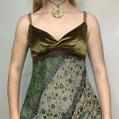 Vintage Floral Printed Lace Asymmetrical Camisole Spaghetti Strap Vest Velvet Sleeveless Tank Tops Mssza