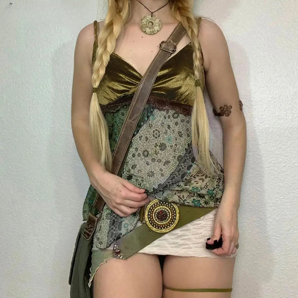 Vintage Floral Printed Lace Asymmetrical Camisole Spaghetti Strap Vest Velvet Sleeveless Tank Tops Mssza
