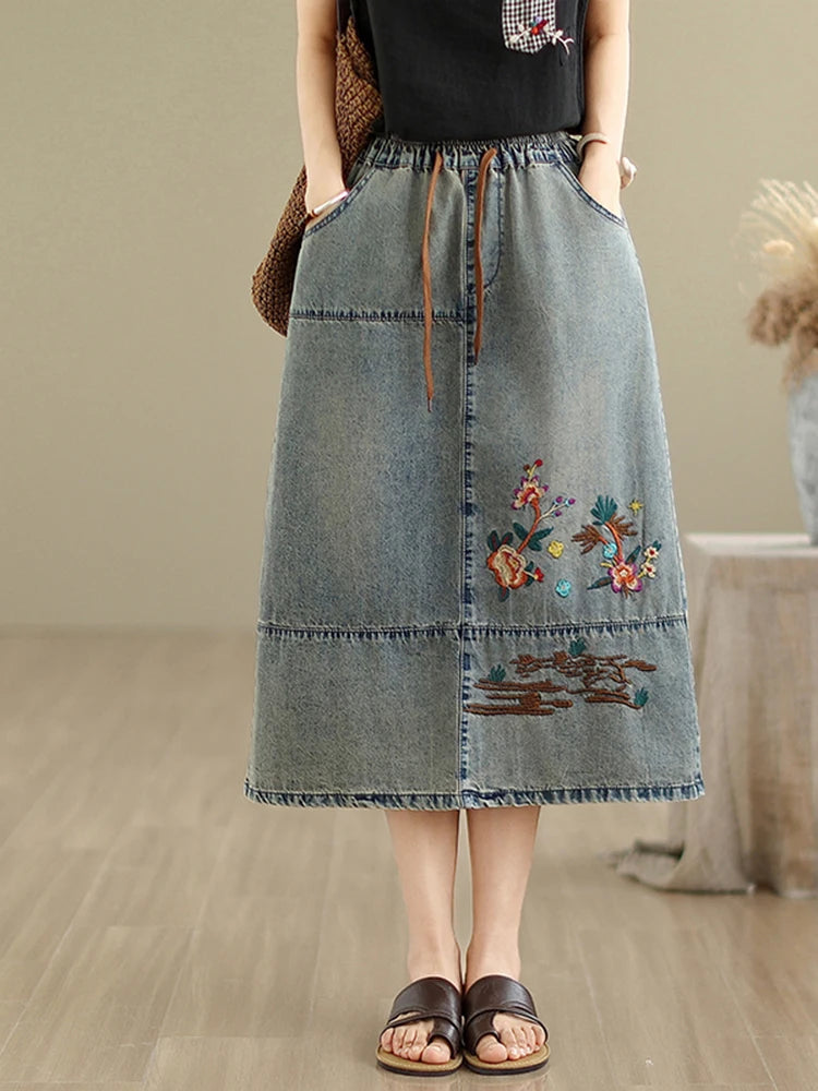 Vintage Flowers Embroidered Denim Elastic Waist Casual Retro Loose Midi Jeans Skirt Mssza
