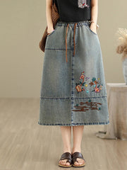 Vintage Flowers Embroidered Denim Elastic Waist Casual Retro Loose Midi Jeans Skirt Mssza