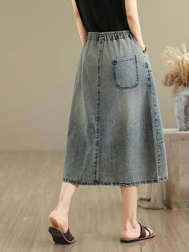 Vintage Flowers Embroidered Denim Elastic Waist Casual Retro Loose Midi Jeans Skirt Mssza