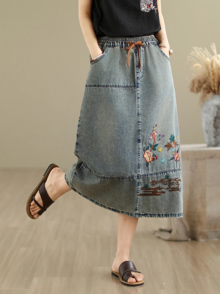 Vintage Flowers Embroidered Denim Elastic Waist Casual Retro Loose Midi Jeans Skirt Mssza