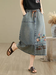 Vintage Flowers Embroidered Denim Elastic Waist Casual Retro Loose Midi Jeans Skirt Mssza