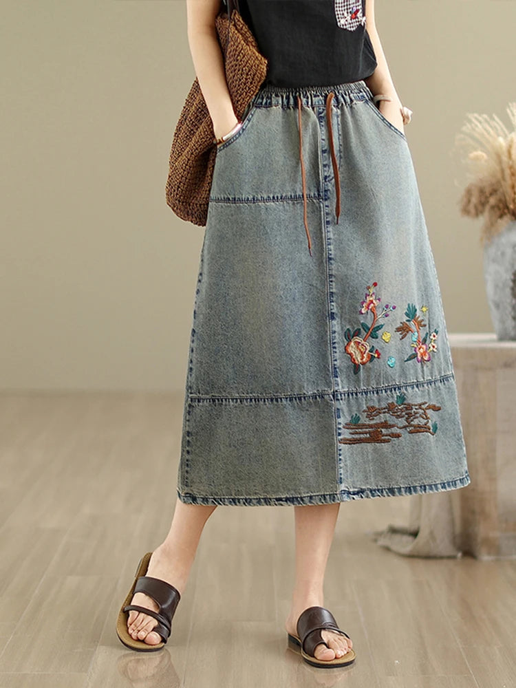 Vintage Flowers Embroidered Denim Elastic Waist Casual Retro Loose Midi Jeans Skirt Mssza