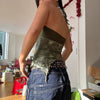 Vintage Folds Knitted Patchwork Printed Halter Slight Stretch Top Mssza