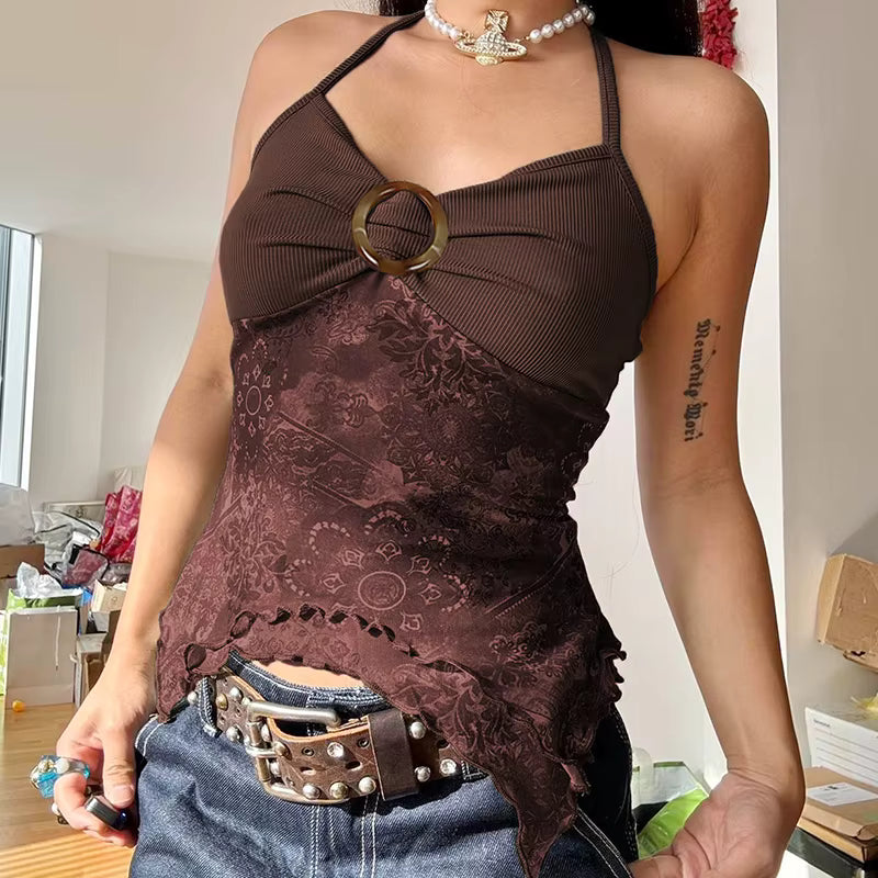 Vintage Folds Knitted Patchwork Printed Halter Slight Stretch Top Mssza