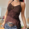Vintage Folds Knitted Patchwork Printed Halter Slight Stretch Top Mssza
