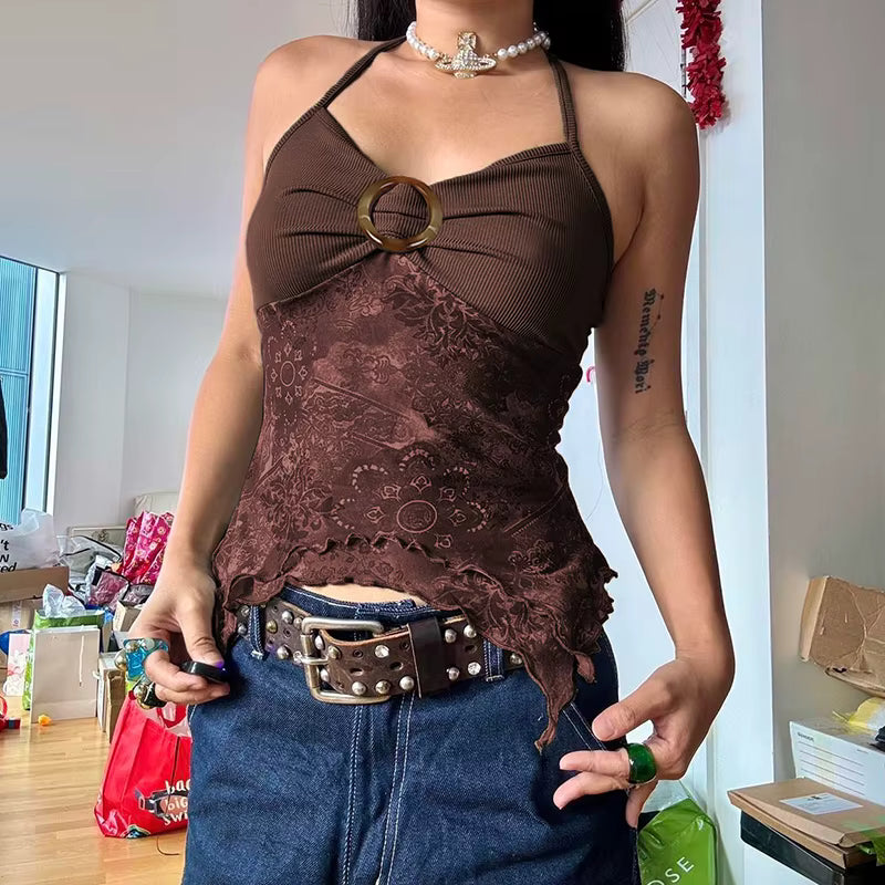 Vintage Folds Knitted Patchwork Printed Halter Slight Stretch Top Mssza