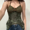 Vintage Folds Knitted Patchwork Printed Halter Slight Stretch Top Mssza