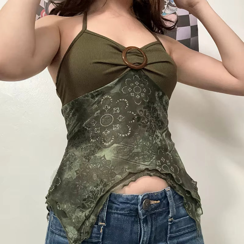Vintage Folds Knitted Patchwork Printed Halter Slight Stretch Top Mssza