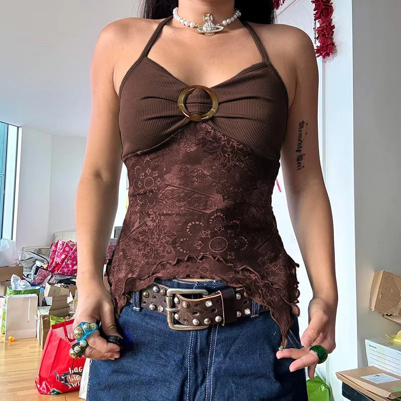 Vintage Folds Knitted Patchwork Printed Halter Slight Stretch Top Mssza