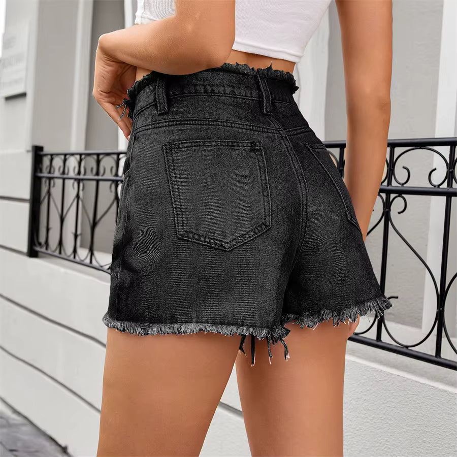 Vintage Fringed Zip Fly High Waisted Straight Trim Denim Shorts Mssza