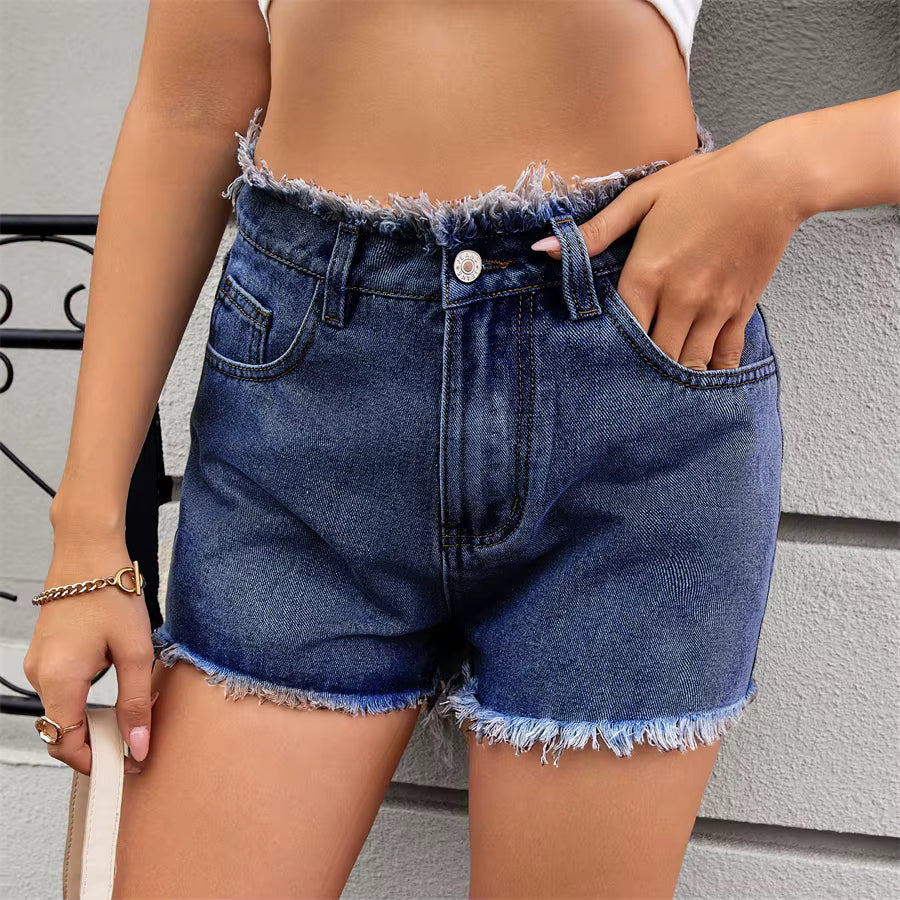 Vintage Fringed Zip Fly High Waisted Straight Trim Denim Shorts Mssza