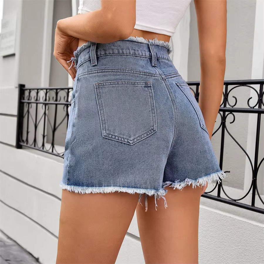 Vintage Fringed Zip Fly High Waisted Straight Trim Denim Shorts Mssza
