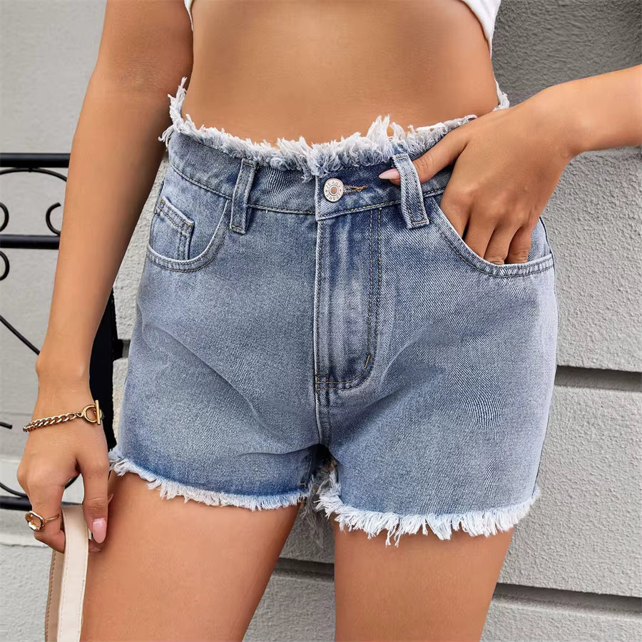 Vintage Fringed Zip Fly High Waisted Straight Trim Denim Shorts Mssza