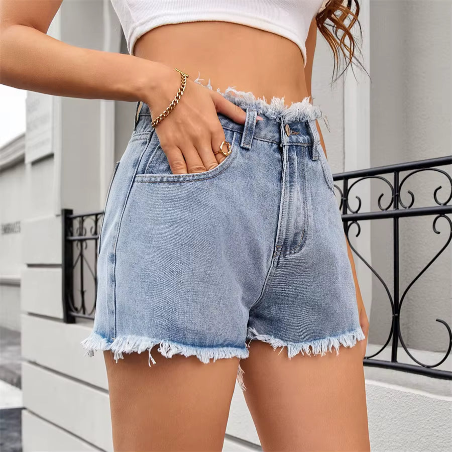 Vintage Fringed Zip Fly High Waisted Straight Trim Denim Shorts Mssza
