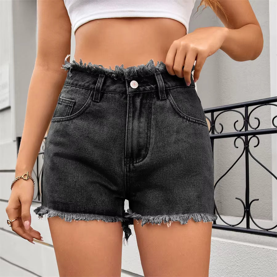 Vintage Fringed Zip Fly High Waisted Straight Trim Denim Shorts Mssza