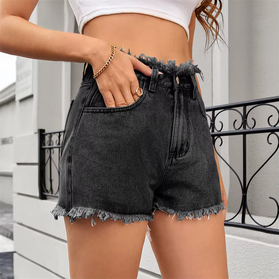 Vintage Fringed Zip Fly High Waisted Straight Trim Denim Shorts Mssza
