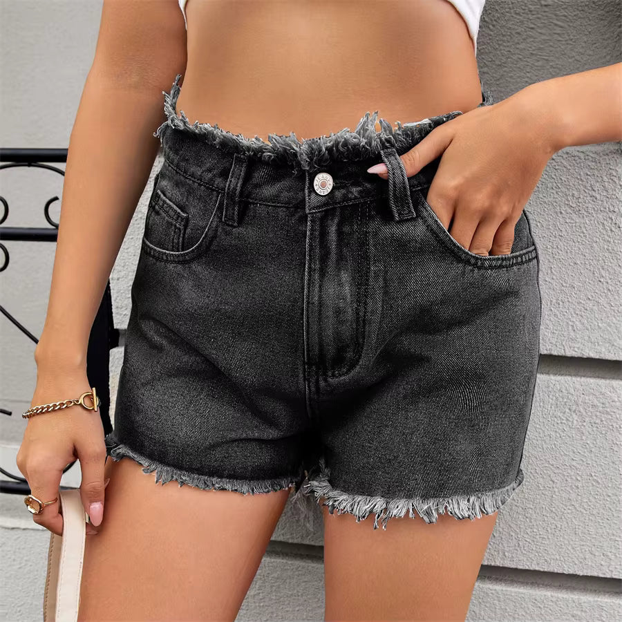 Vintage Fringed Zip Fly High Waisted Straight Trim Denim Shorts Mssza