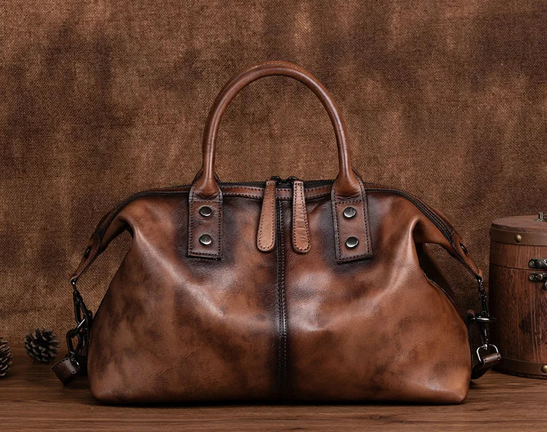 Vintage Genuine Cowhide Leather Hand Painted Large Capacity Top Handle Purse Designer Shoulder Hobo Bag Mssza