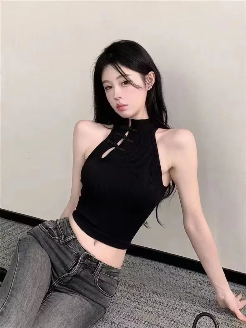 Vintage Halter O-Neck Retro Button Elegant Crop Tops with Bra Pad Mssza
