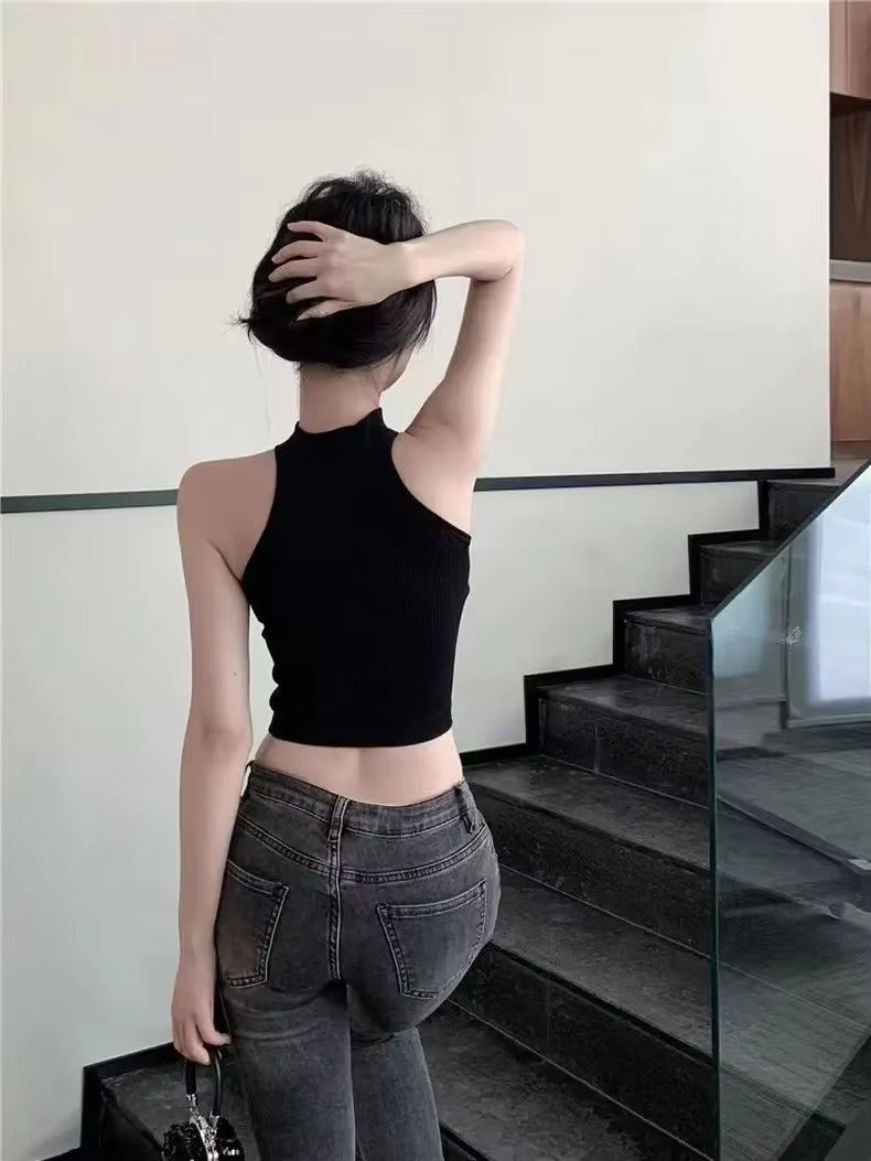 Vintage Halter O-Neck Retro Button Elegant Crop Tops with Bra Pad Mssza