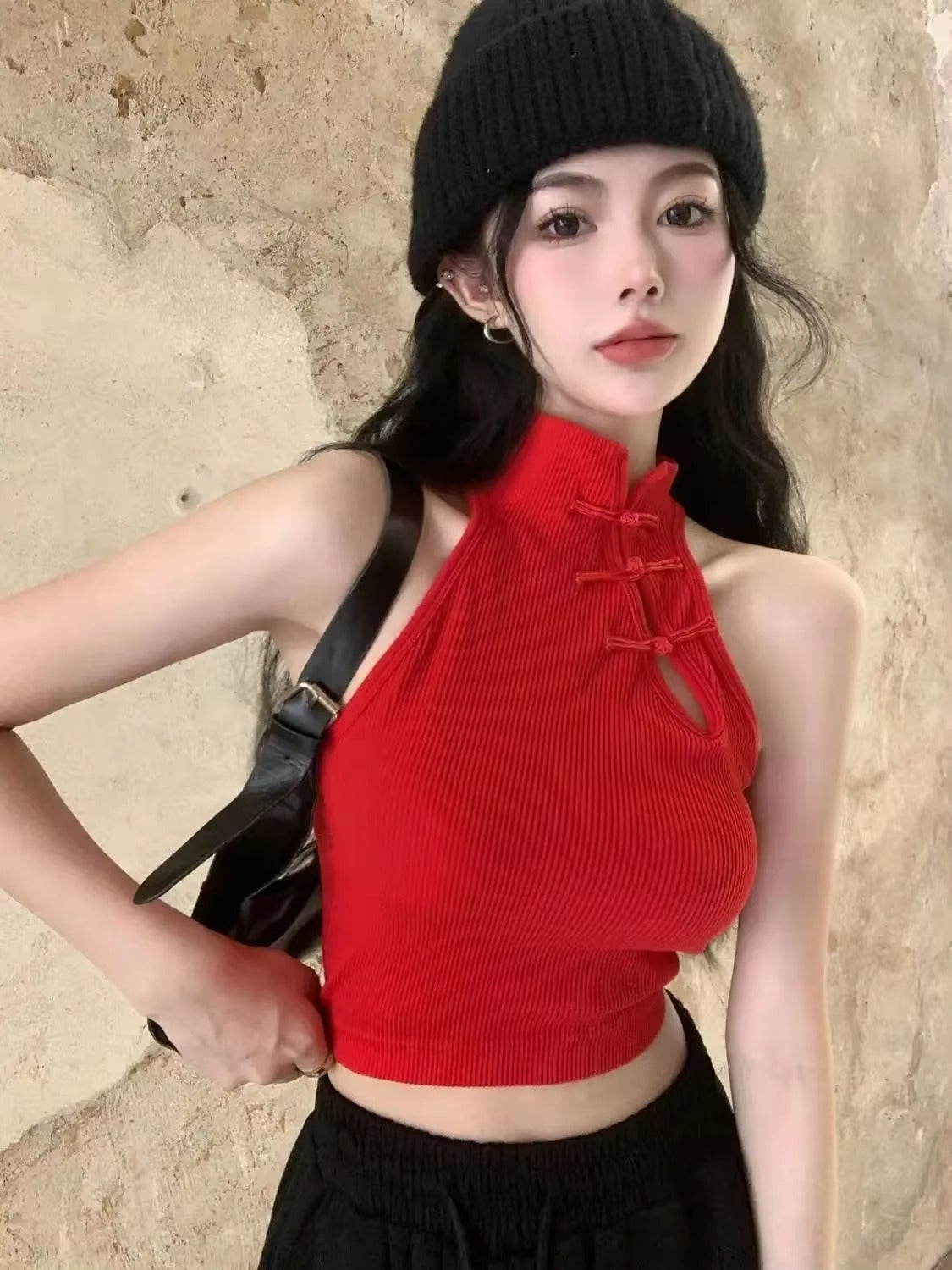 Vintage Halter O-Neck Retro Button Elegant Crop Tops with Bra Pad Mssza