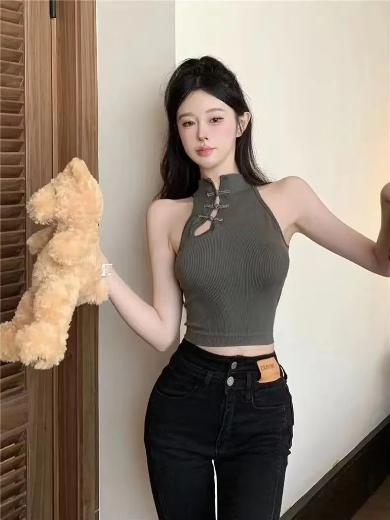 Vintage Halter O-Neck Retro Button Elegant Crop Tops with Bra Pad Mssza