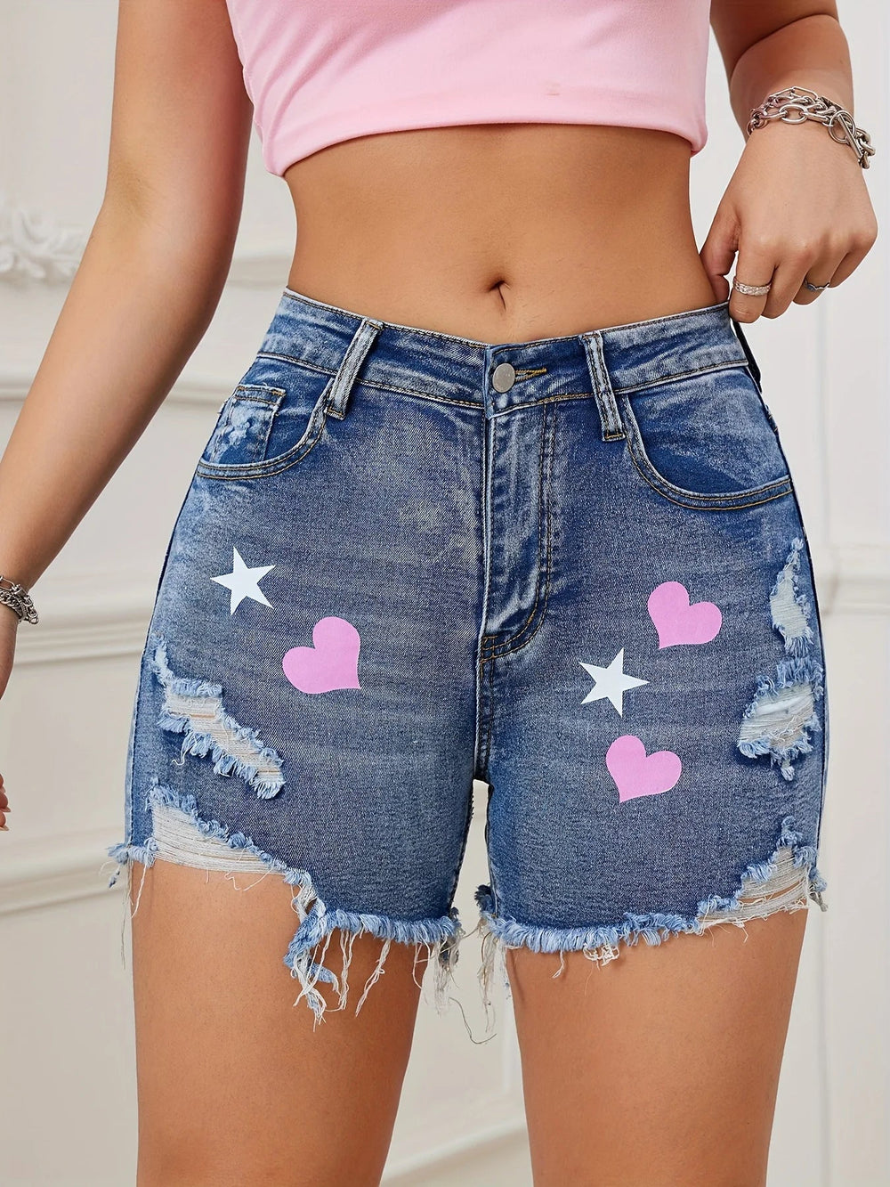 Vintage High Waist Heart Print Ripped Distressed Hem Denim Shorts Mssza