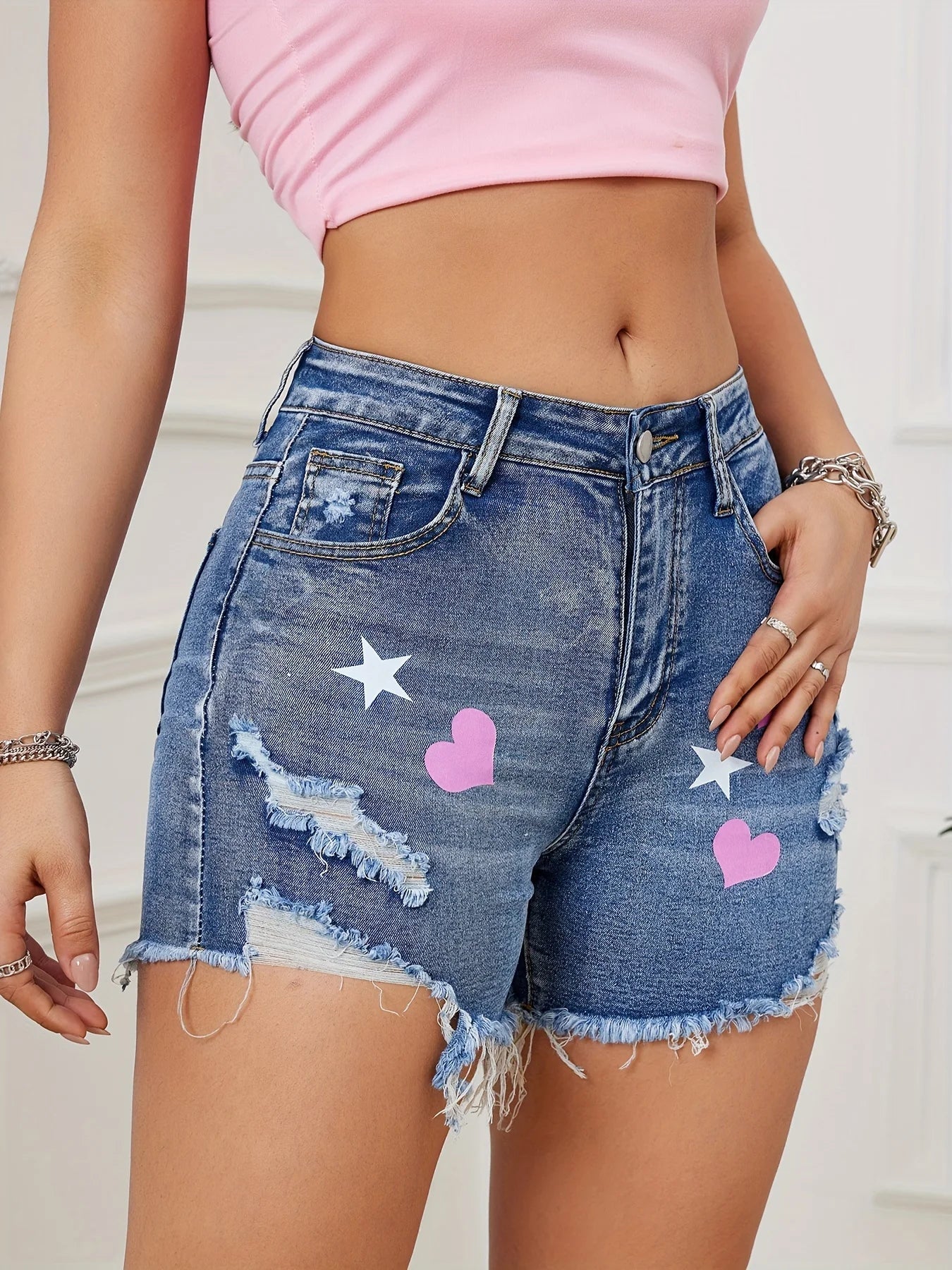 Vintage High Waist Heart Print Ripped Distressed Hem Denim Shorts Mssza
