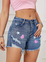 Vintage High Waist Heart Print Ripped Distressed Hem Denim Shorts Mssza