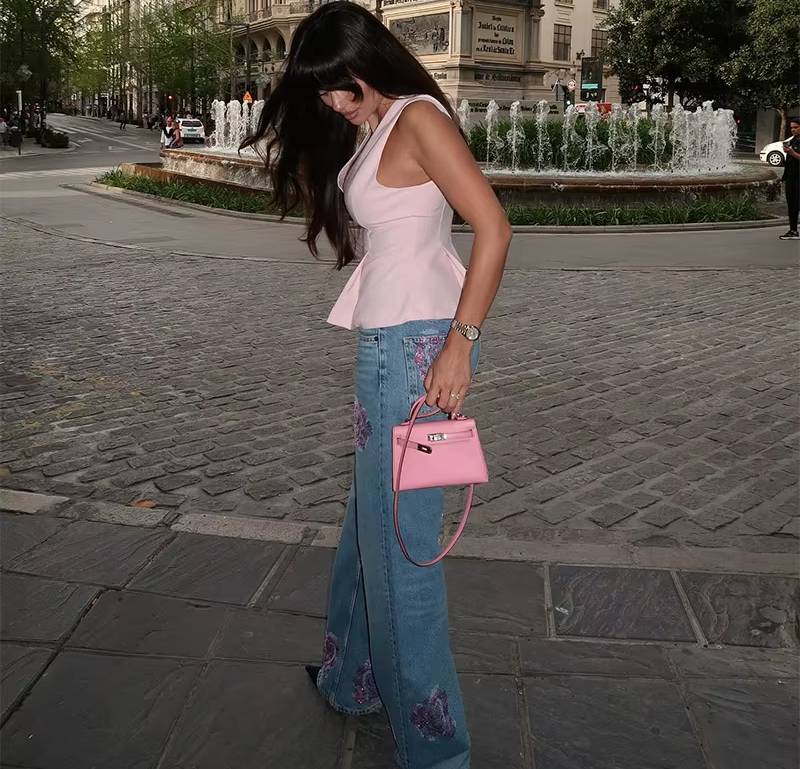 Vintage High Waist Jeans With Floral Print Wide Leg Pants Streetwear Mssza