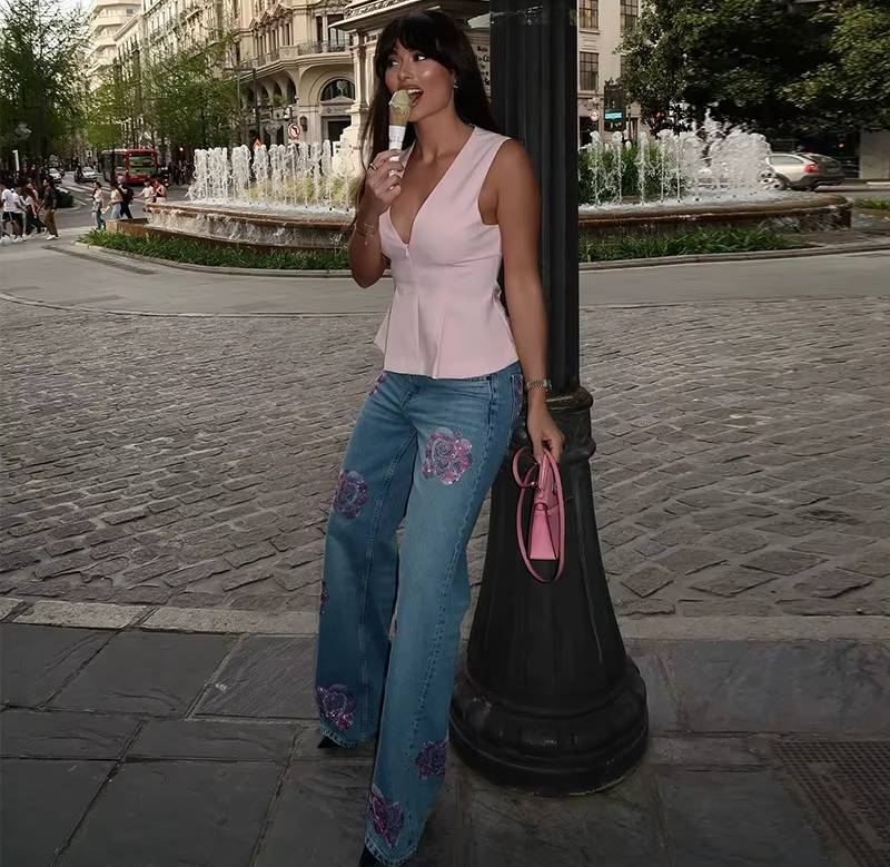 Vintage High Waist Jeans With Floral Print Wide Leg Pants Streetwear Mssza