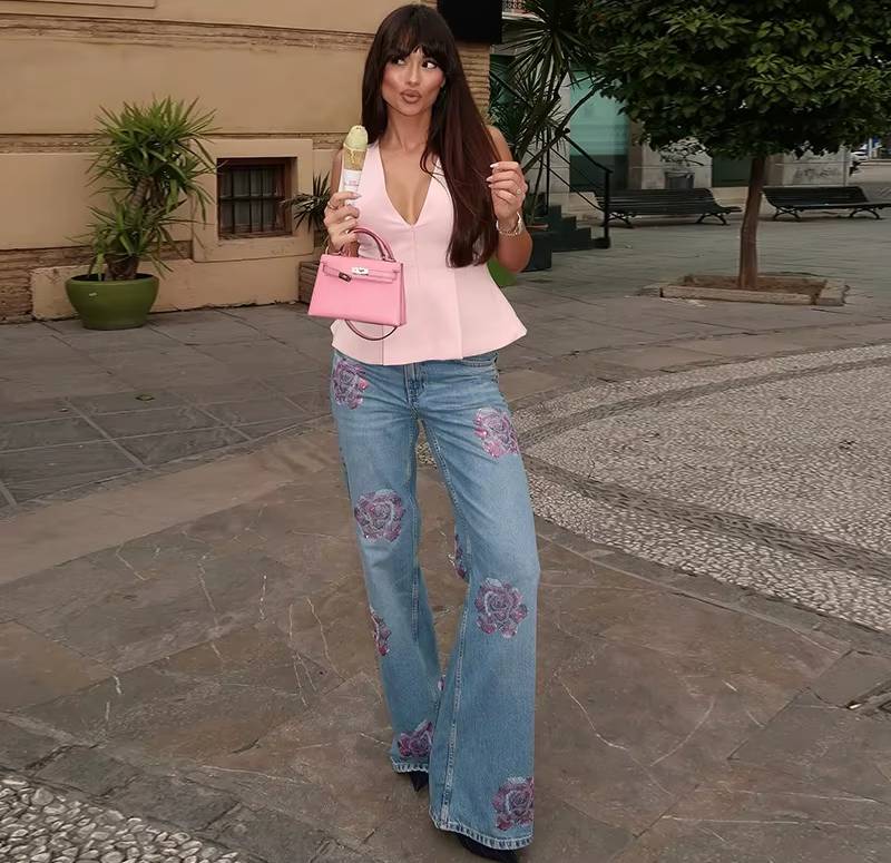 Vintage High Waist Jeans With Floral Print Wide Leg Pants Streetwear Mssza