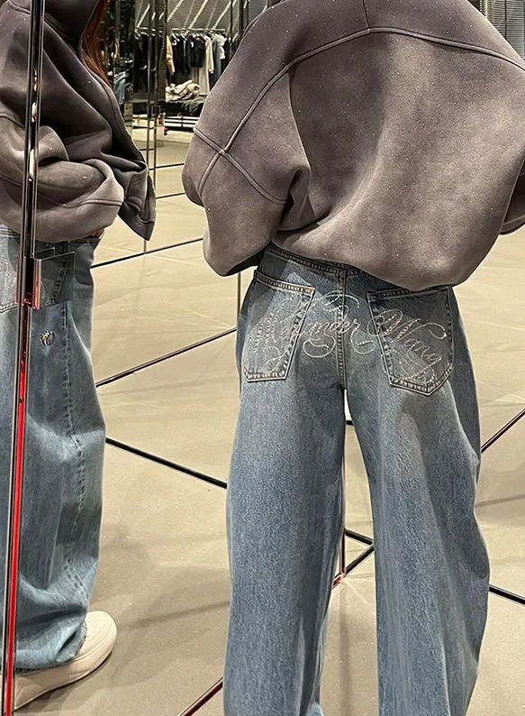 Vintage High Waisted Straight Streetwear Loose Large Wide Leg Denim Pants Mssza