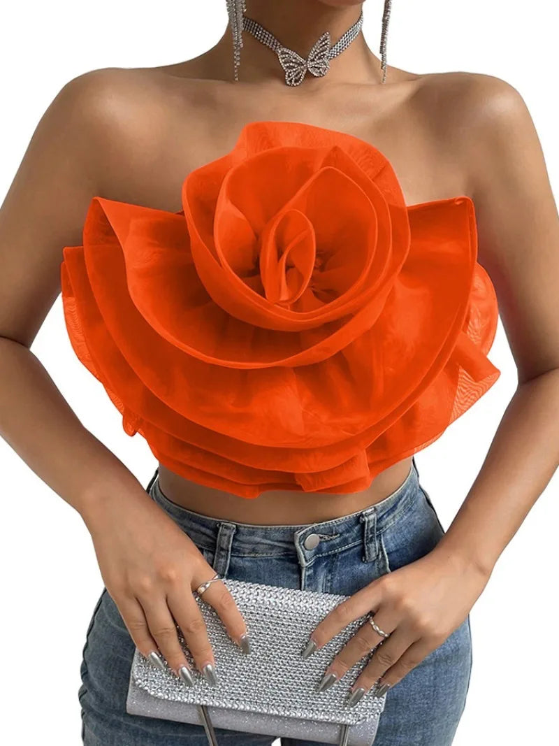 Vintage Hollow Out Applique Rose Flower Halter Neck Crop Tops Mssza