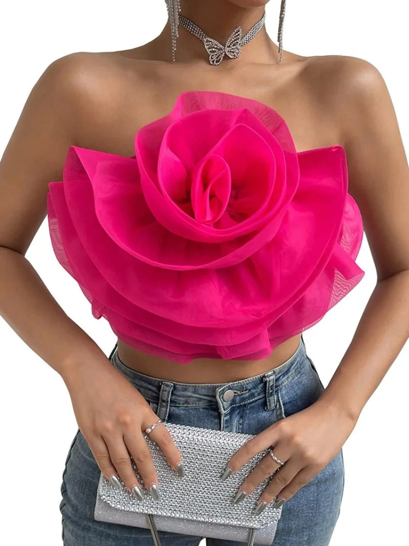 Vintage Hollow Out Applique Rose Flower Halter Neck Crop Tops Mssza