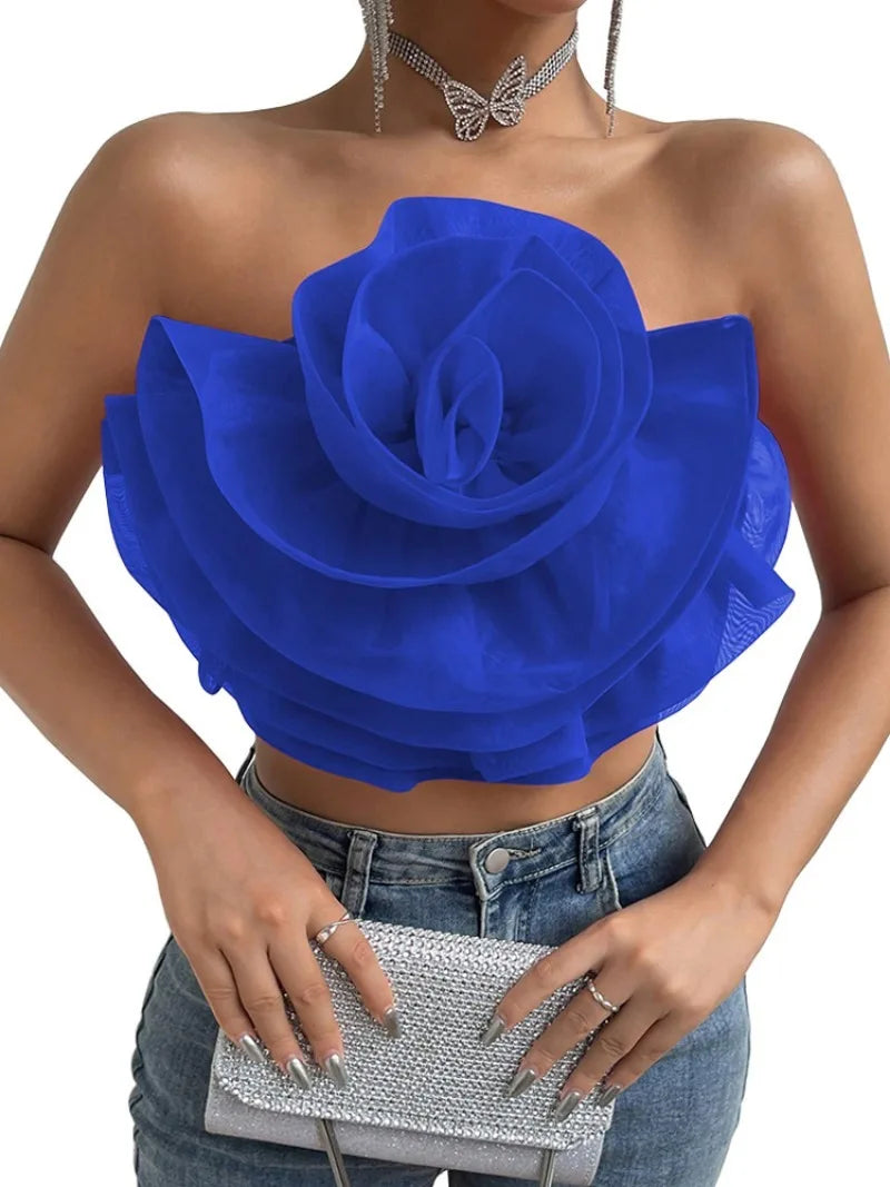 Vintage Hollow Out Applique Rose Flower Halter Neck Crop Tops Mssza