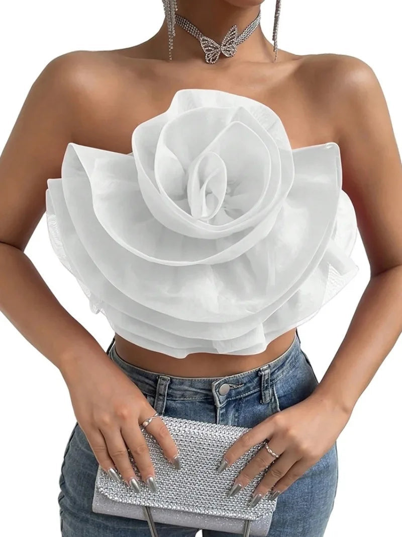 Vintage Hollow Out Applique Rose Flower Halter Neck Crop Tops Mssza