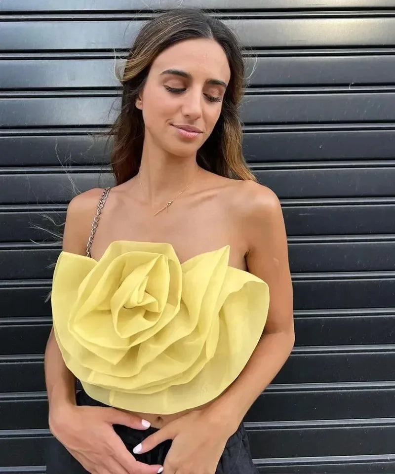 Vintage Hollow Out Applique Rose Flower Halter Neck Crop Tops Mssza